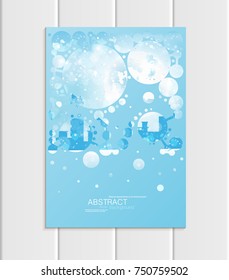 Stock vector brochure A5 or A4 format design Christmas template, abstract circles, winter landscape New Year 2018 with urban city silhouette glow full moon night background for printed material