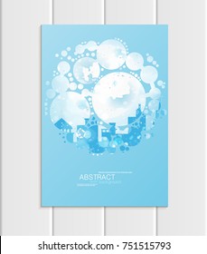 Stock vector brochure A5 or A4 format design Christmas template, abstract circles, winter landscape New Year 2018 with urban city silhouette glow full moon night background for printed material
