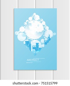 Stock vector brochure A5 or A4 format design Christmas template, abstract circles, winter landscape New Year 2018 with urban city silhouette glow full moon night background for printed material