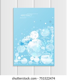 Stock vector brochure A5 or A4 format design Christmas template, abstract circles, winter landscape New Year 2018 Santa Claus in sleigh with deer glow full moon night background for printed material