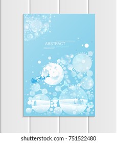 Stock vector brochure A5 or A4 format design Christmas template, abstract circles, winter landscape New Year 2018 Santa Claus in sleigh with deer glow full moon night background for printed material