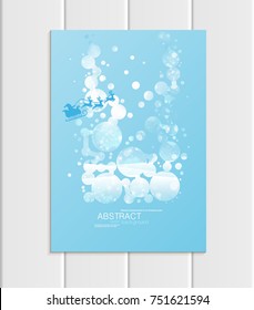 Stock vector brochure A5 or A4 format design Christmas template, abstract circles, winter landscape New Year 2018 Santa Claus in sleigh with deer glow full moon night background for printed material