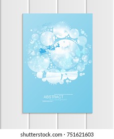 Stock vector brochure A5 or A4 format design Christmas template, abstract circles, winter landscape New Year 2018 Santa Claus in sleigh with deer glow full moon night background for printed material