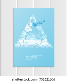 Stock vector brochure A5 or A4 format design Christmas template, abstract circles, winter landscape New Year 2018 Santa Claus in sleigh with deer glow full moon night background for printed material