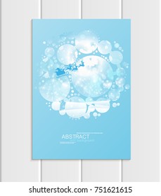 Stock vector brochure A5 or A4 format design Christmas template, abstract circles, winter landscape New Year 2018 Santa Claus in sleigh with deer glow full moon night background for printed material