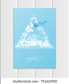 Stock vector brochure A5 or A4 format design Christmas template, abstract circles, winter landscape New Year 2018 Santa Claus in sleigh with deer glow full moon night background for printed material