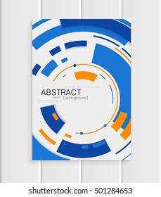 Stock vector brochure in abstract style. Design business template with yellow round, blue rectangular shapes on light gray background for printed material, element, web sites, cards, covers, wallpaper