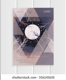 Stock vector brochure design business template abstract nature element forest, full moon, trees, unusual landscape abstract triangles violet, beige background for printed materials, corporate identity