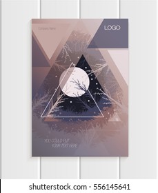 Stock vector brochure design business template abstract nature element forest, full moon, trees, unusual landscape abstract triangles violet, beige background for printed materials, corporate identity