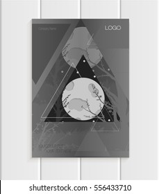 Stock vector brochure design business template nature design trees, full moon element unusual landscape abstract triangles black background printed materials, greeting card, cover, corporate identity