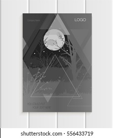 Stock vector brochure design business template nature design trees, full moon element unusual landscape abstract triangles black background printed materials, greeting card, cover, corporate identity