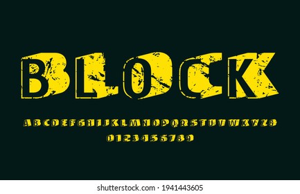 Stock vector bulk sans serif font. Letters and numbers with rough texture for emblem, logo and title design. Yellow print on black background
