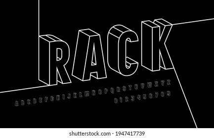 Stock vector bulk sans serif font. Contour letters and numbers for emblem, logo and title design. White print on black background