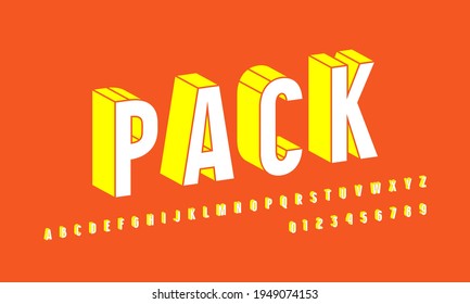 Stock vector bulk sans serif font in comic style. Letters and numbers for emblem, logo and title design. Color print on orange background