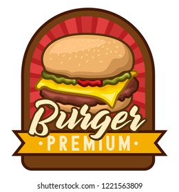 stock vector burger logo and font, emblem, badge, patch object graphic illustration