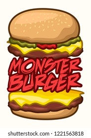 stock vector burger logo and font, emblem, badge, patch object graphic illustration
