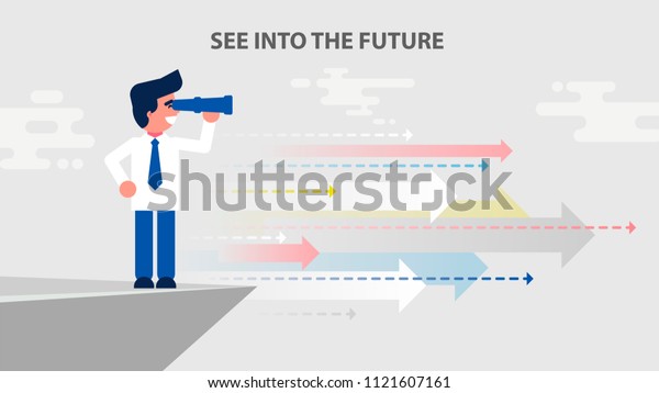 Stock vector business illustration businessman\
seer, visionary, clairvoyant see look into distance in telescope,\
plan for future goal dream strategy development flat style motion\
design divided layers