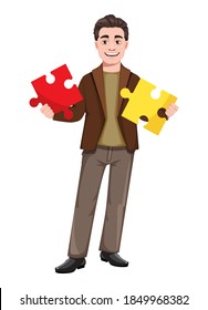Stock vector businessman cartoon character in flat style. Young handsome business man holding two pieces of puzzle. Vector illustration