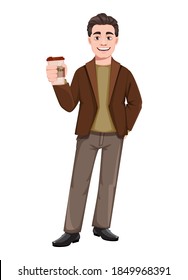 Stock vector businessman cartoon character in flat style. Young handsome business man holding a cup of coffee. Vector illustration