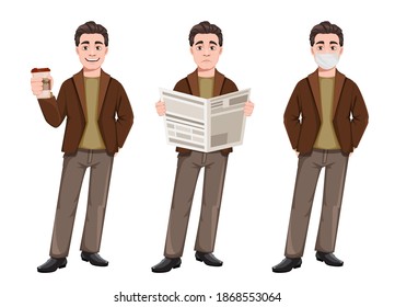 Stock vector businessman cartoon character in flat style, set of three poses. Young handsome business man. Vector illustration on white background