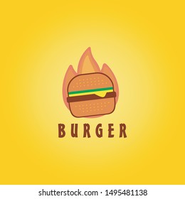 Stock Vector Cafe and Restaurant Business Hot Burger Hamburger with Flare Fire Looks Logo Design 