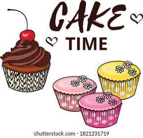 stock vector cake time greeting card hand drawn cupcakes isolated on white background cartoon illustration