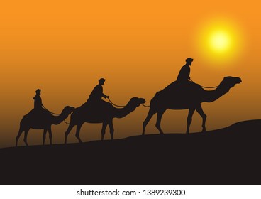 stock vector camel caravan going through the desert on beautiful sunset graphic illustration