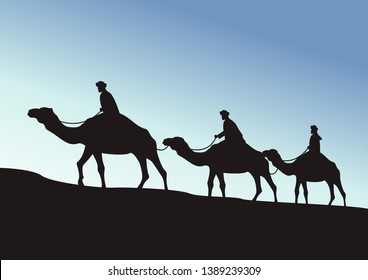 stock vector camel caravan going through the desert on beautiful blue sky graphic illustration