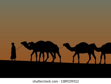 stock vector camel caravan going through the desert on beautiful sunset graphic illustration