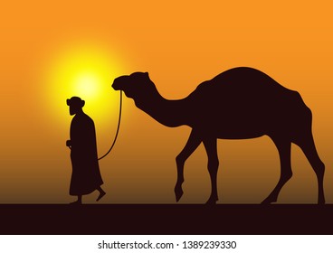 stock vector camel caravan going through the desert on beautiful sunset graphic illustration