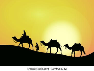 stock vector camel caravan going through the desert on beautiful sunset background graphic illustration