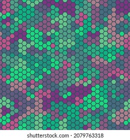 Stock vector camouflage seamless pattern. Urban hexagonal fashion clothing style. Splashes camo repeat print. Light brown blue and beige pastel colors, textile design.