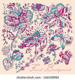 Stock vector card with abstract flowers and butterflies.