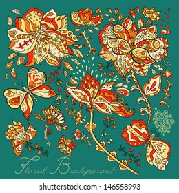 Stock vector card with abstract flowers and butterflies.