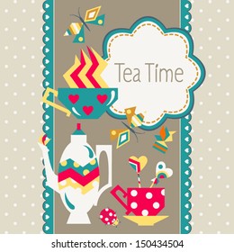 Stock vector card with a tea set, sweets and insects with space for your text.