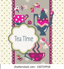 Stock vector card with a tea set, sweets and insects with space for your text.