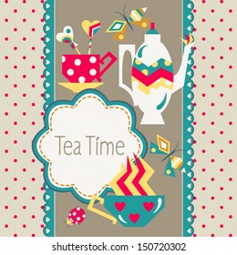 Stock vector card with a tea set, sweets and insects with space for your text.