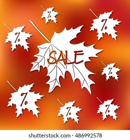 Stock vector card template for autumn sale. Abstract blurred orange background and fall leafs.Template for poster, banner, greeting card, invitation. 