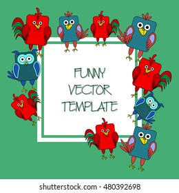 Stock vector card template for children's birthday party. Flat bird design. Rounded rectangle rooster, cock, owl, crow. Template for poster, banner, greeting card, invitation. Vector illustration