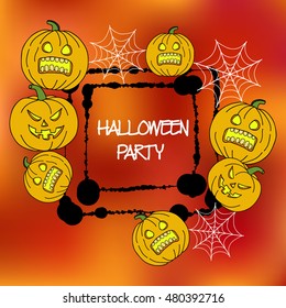 Stock vector cards template for Halloween party. Hand drawing pumpkin, spider, web. Splatter frame. Text inscription. Template for poster, banner, magazine, presentation, greeting card, invitation