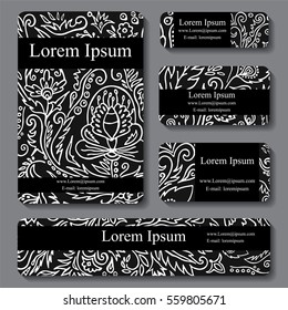 Stock vector cartoon hand draw black and white corporate identity horizontal banner with waves leaf and flowers. background. template for card