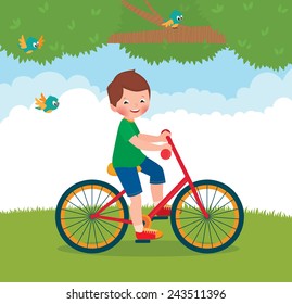 Stock Vector cartoon illustration of a boy child rides a bike/Boy rides a bike/Stock Vector cartoon illustration in EPS 8