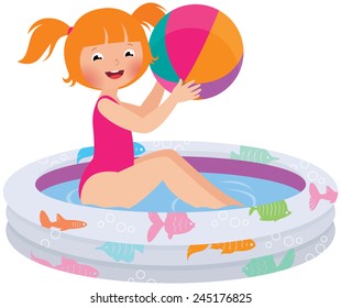 Stock Vector cartoon illustration of a child girl with a ball in an inflatable pool