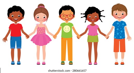 Stock Vector cartoon illustration of children friends holding hands isolated on white background/Children friends holding hands isolated on white background/Stock Vector cartoon illustration