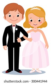 Stock Vector cartoon illustration of a couple just married bride and groom