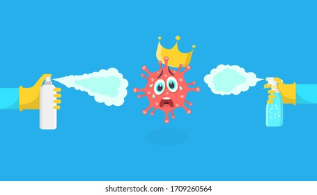 Stock vector cartoon illustration disinfection of coronavirus.Blue background.Сovid-19,Wuhan,sars Banner, cover, postcard, flyer,poster for
promotion,website header.