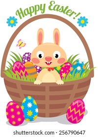 Stock Vector cartoon illustration of Easter bunny in a basket with eggs