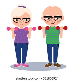 Stock Vector cartoon illustration of an elderly couple doing sport with dumbbells isolated on white background/Elderly couple husband and wife do sports with dumbbells/ Vector cartoon illustration