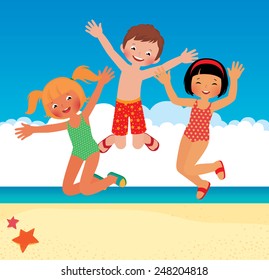 Stock vector cartoon illustration Funny children on the beach/Funny children on the beach/Stock vector cartoon illustration