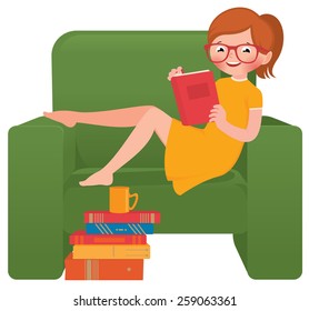 Stock Vector cartoon illustration of a girl reading a book sitting in a chair